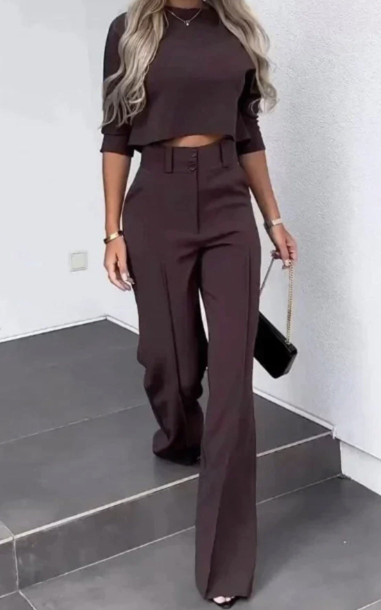 Half Sleeve Midriff Top High Waist Wide Leg Pants Suit