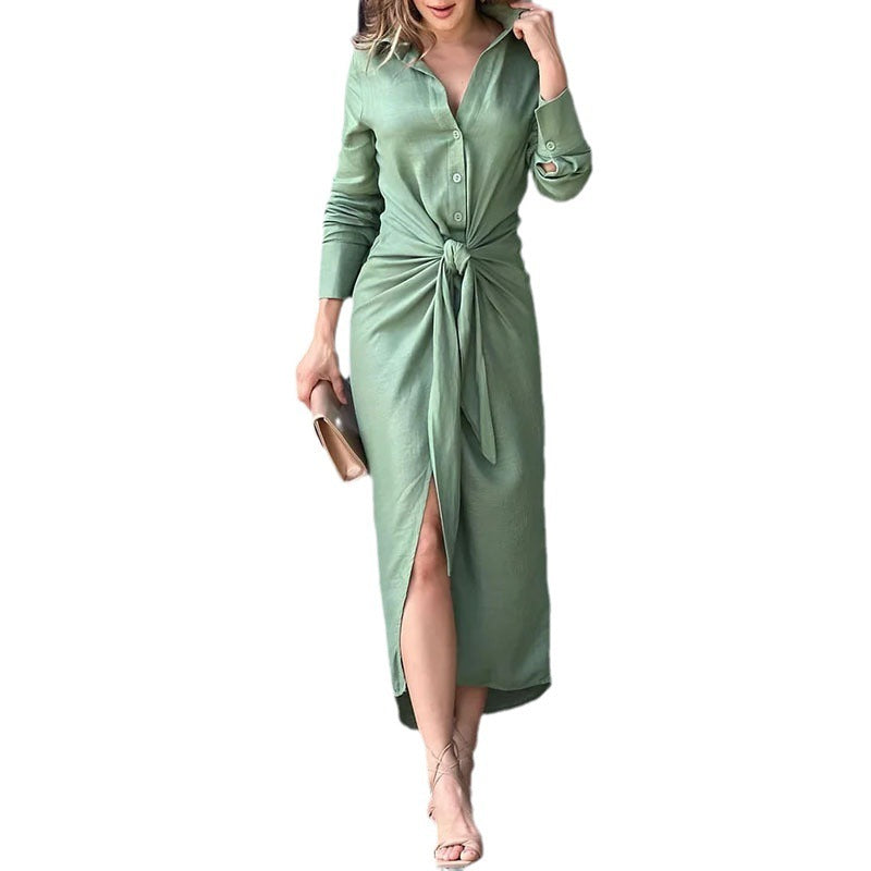 Elegant Long Sleeve Pleated Slit Dress