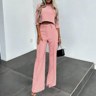 Half Sleeve Midriff Top High Waist Wide Leg Pants Suit