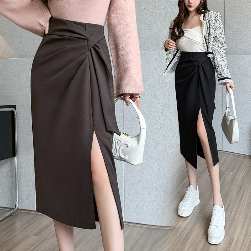 Woolen Lace-up Slit Skirt